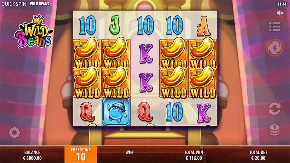 Reels showing multiple stacked Wild symbols with red bean in 2x2 formation during free spins.