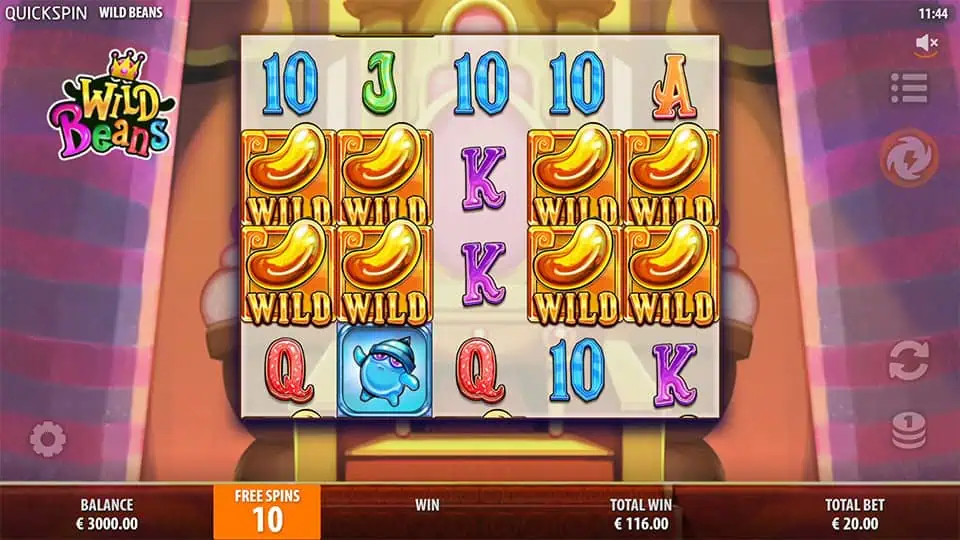 Reels showing multiple stacked Wild symbols with red bean in 2x2 formation during free spins.