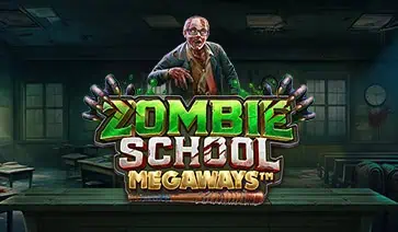 Zombie School Megaways logo with a decaying zombie teacher standing in a dark, abandoned classroom.