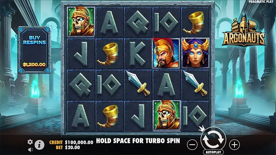 Slot grid showing ancient weapons, warriors, and royal characters with stone-carved reels.