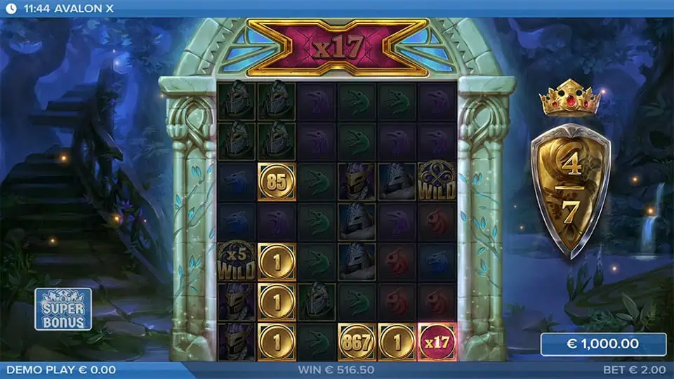 Gameplay showcasing coin symbols, multipliers, and stacked icons with a rising win multiplier at x17.