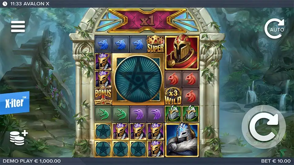 Main game screen showing armored characters, wild multipliers, bonus symbols, and ancient stone reels.