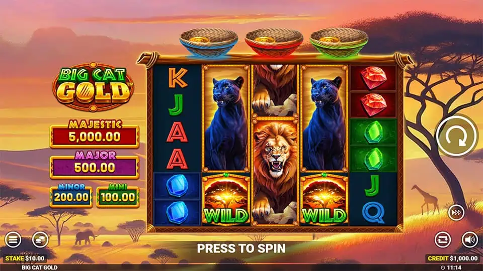 Game screen with roaring lion, panthers, colorful gems, and wild symbols across five reels.