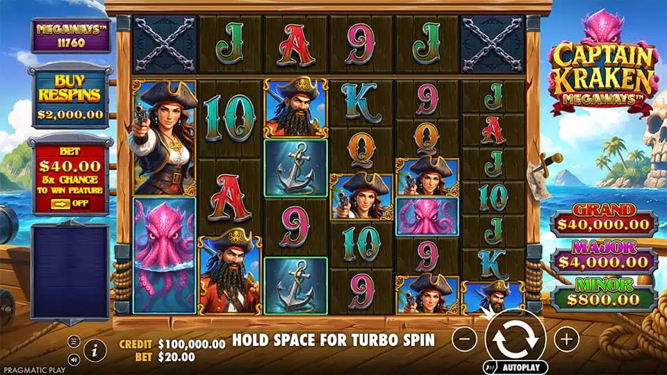 Game grid with pirate symbols, anchors, and krakens on a wooden reel setup with ocean scenery.