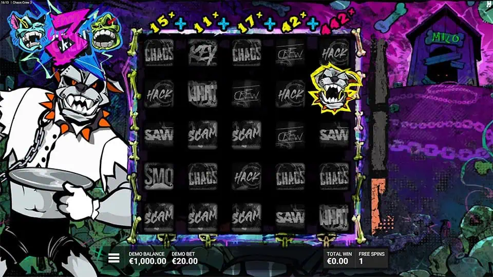 Gameplay highlighting the Glitch Dog symbol triggering on the reels, with multipliers and upgrades displayed at the top of the grid.