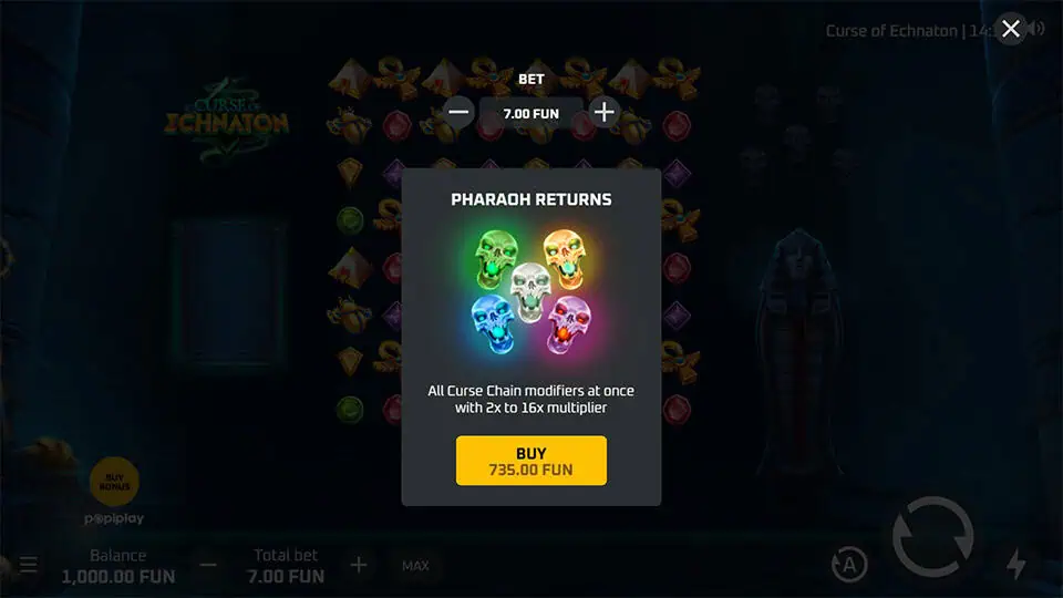 Pharaoh Returns buy feature panel with glowing multicolored skulls offering reel modifiers and multipliers.
