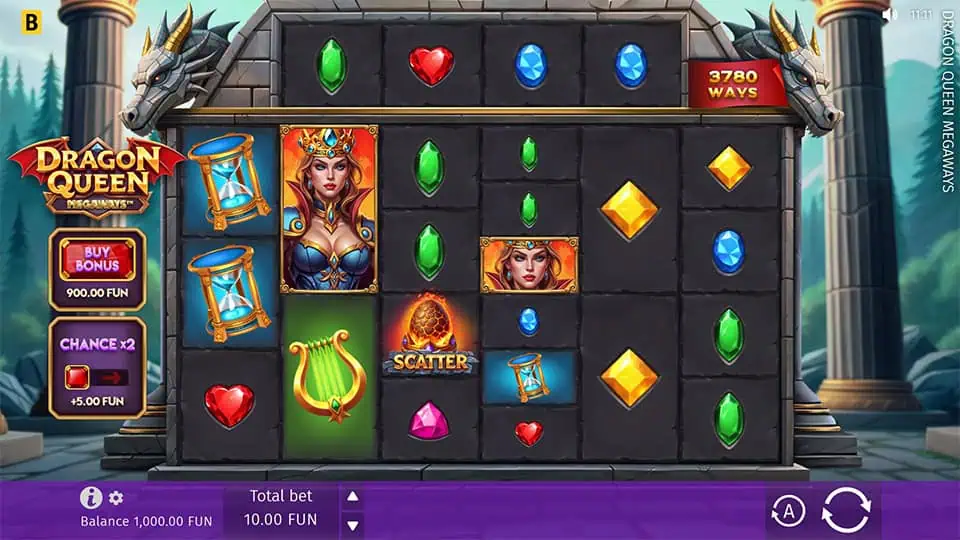 Megaways slot grid with gems, hourglasses, and the queen symbol, featuring 3780 ways.