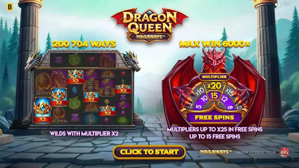 Intro screen with free spins wheel, red dragon, and multipliers up to x25.