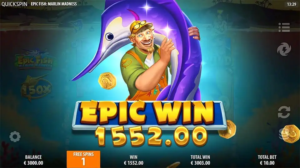 Epic Win with smiling fisherman holding purple marlin, gold coins floating around.