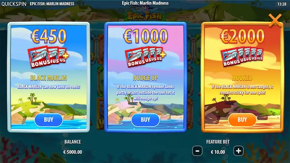 Bonus buy menu with three features: Black Marlin, Nudge Up, and Hooked modes.