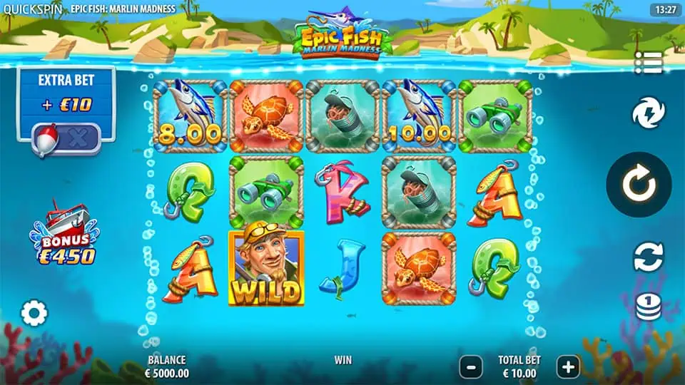 Slot grid showing marlins, wild diver symbol, sea creatures, and bonus indicator on aquatic background.