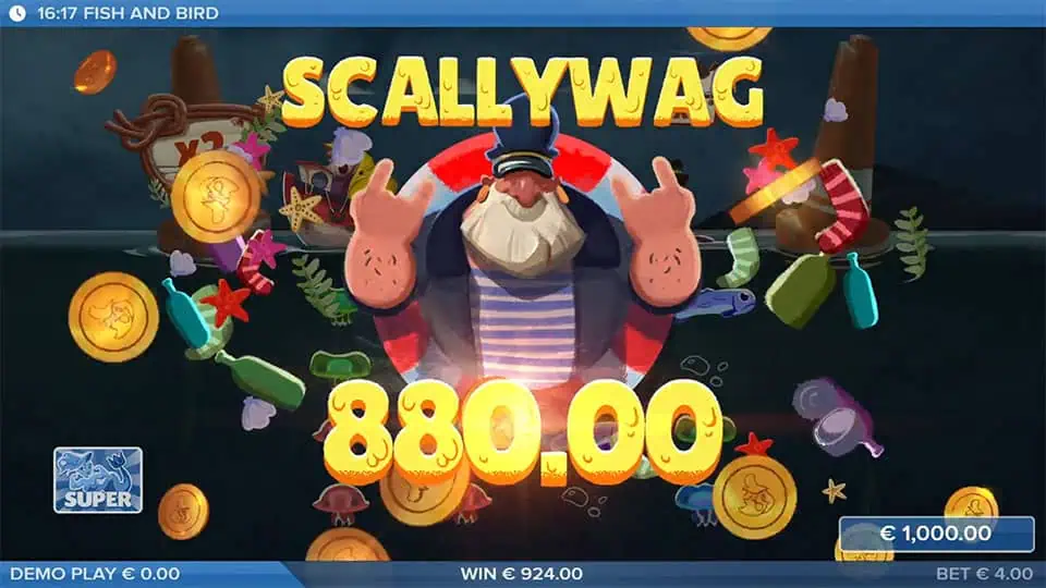 Scallywag win message with animated sailor, gold coins, and floating sea junk.
