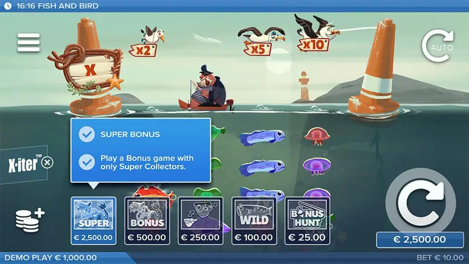 Bonus buy menu offering Super, Bonus Hunt, and Wild spins with collector modes.