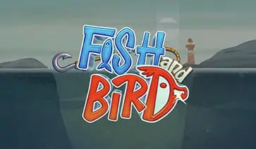 Fish and Bird slot logo over calm sea with lighthouse and soft pastel background.