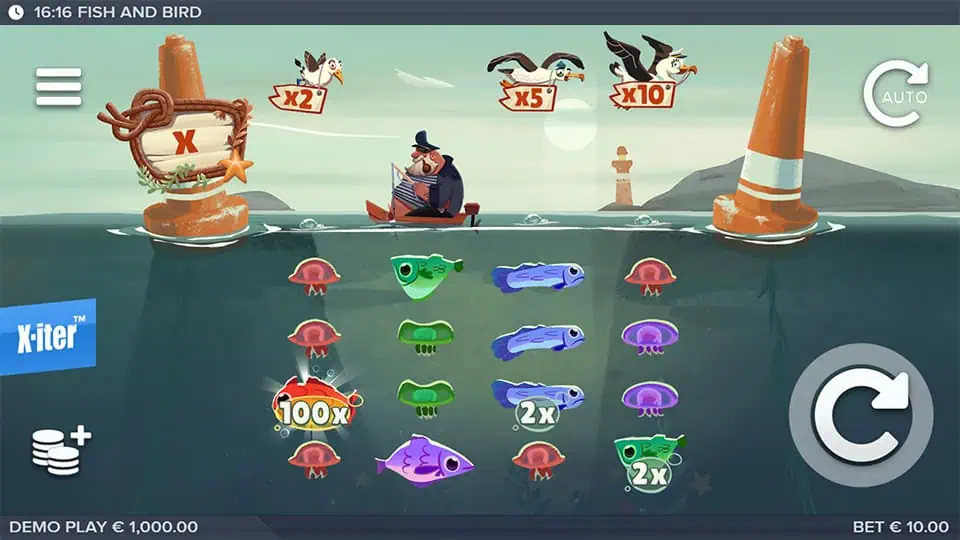 Game reels filled with jellyfish, fish, and multipliers below a quirky fisherman and birds.