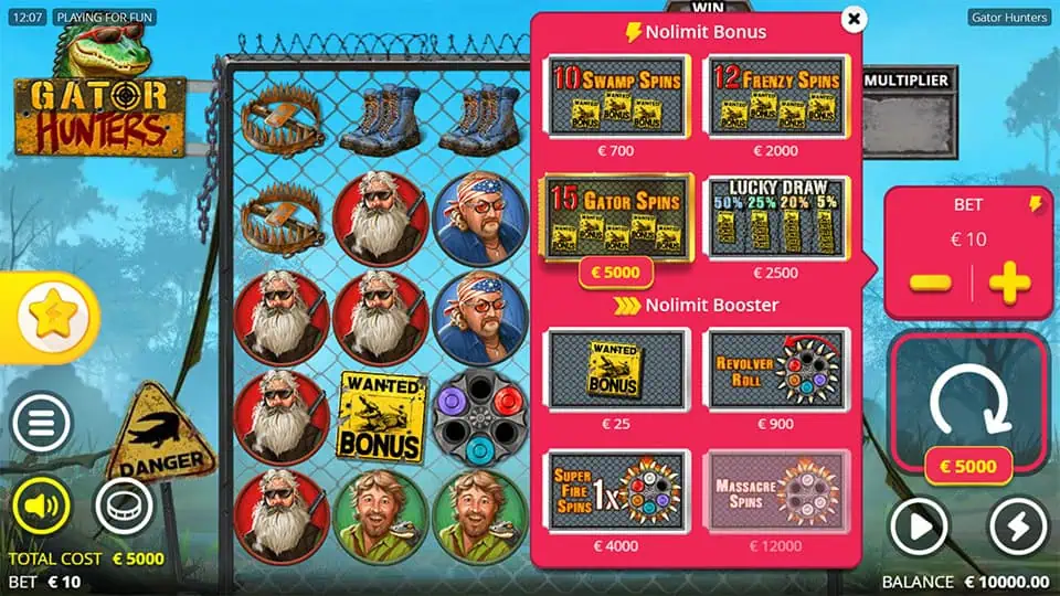 Bonus buy menu offering Swamp Spins, Frenzy Spins, Gator Spins, Lucky Draw, and Nolimit Boosters such as Wanted Bonus and Revolver Roll.