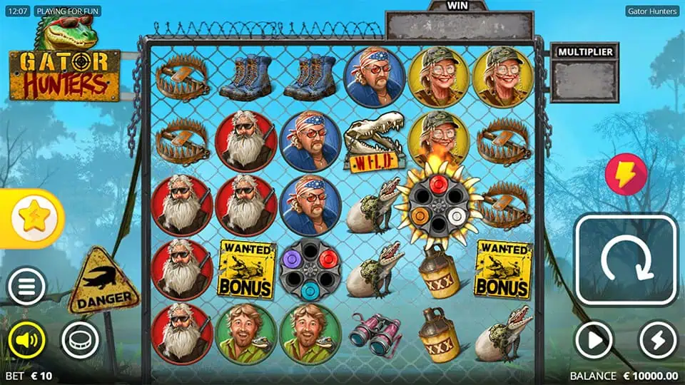 Gameplay grid with swamp hunters, boots, traps, and gator symbols on a chain-link fence, featuring bonus and wild icons.