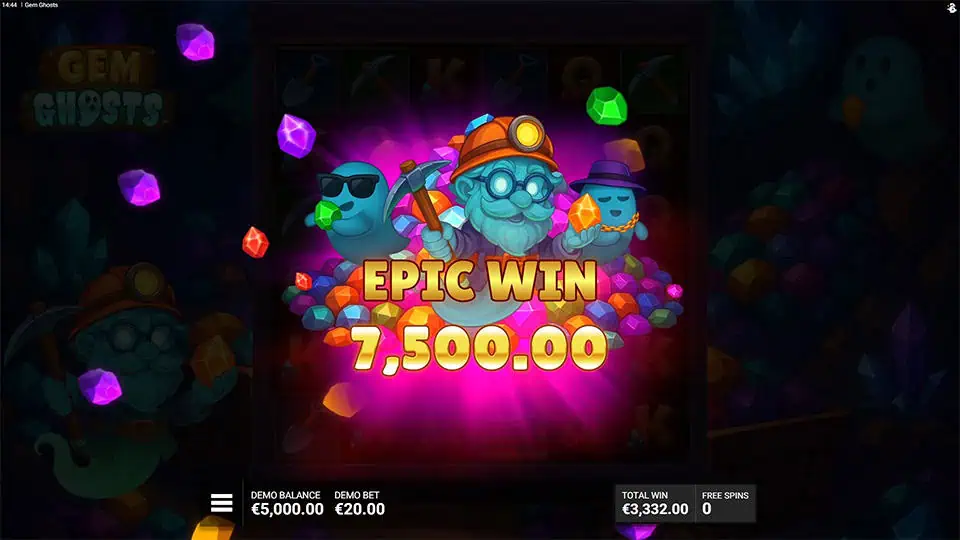 Epic Win animation with ghost miners and scattered gems lighting up the screen.