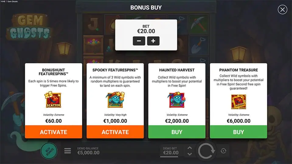 Feature buy menu with multiple options like Spooky Featurespins and Phantom Treasure, each offering enhanced spin bonuses.