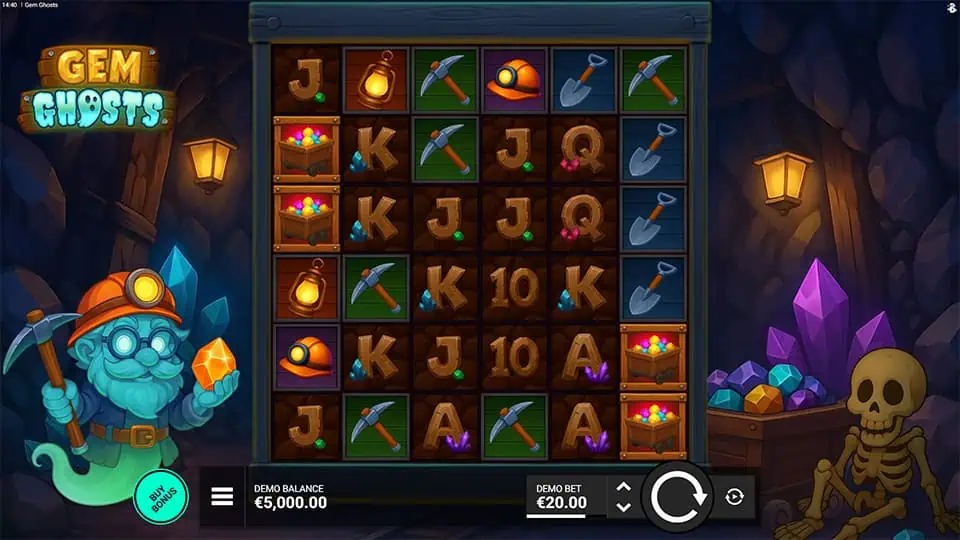 Mining-themed reels featuring helmets, pickaxes, gem carts, and card symbols in a glowing cave.