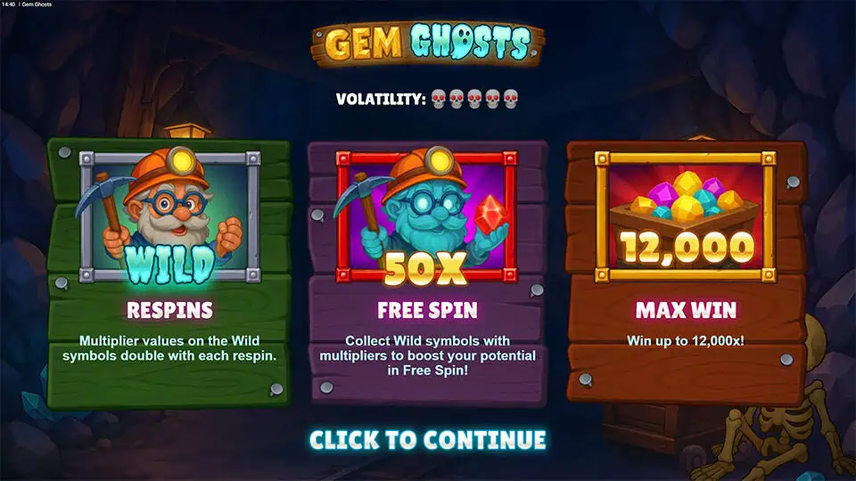 Intro screen showing Wild, Free Spin, and Max Win highlights with vibrant mining visuals.