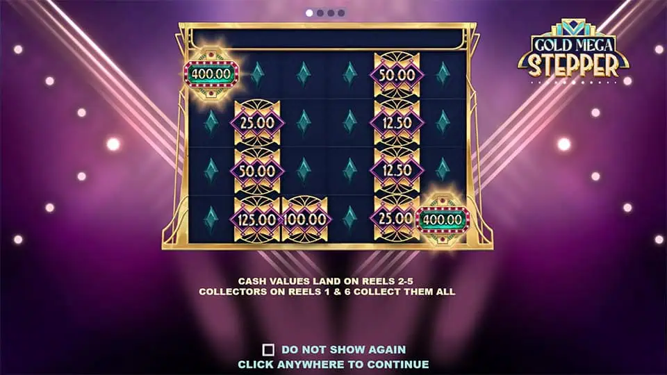Intro screen showing cash value reels, collector positions, and 30,000x max win potential.
