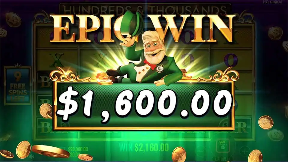 Epic Win banner with leprechaun tipping his hat, golden glow, and coins flying across the screen.