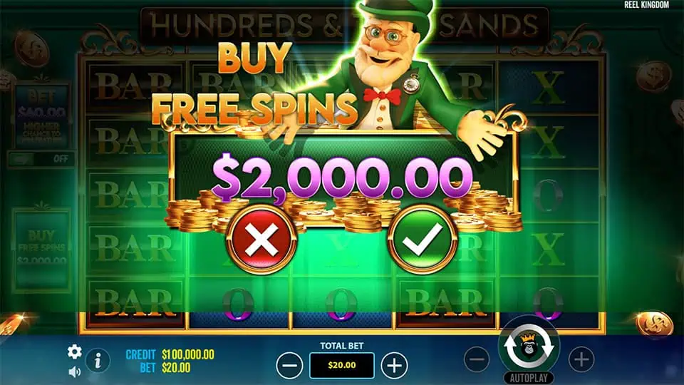 Feature purchase screen with leprechaun presenting a buy free spins offer, piles of gold coins behind him.