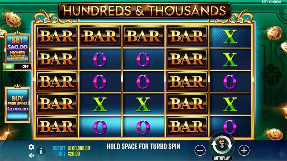 Game reels filled with BAR, X, and O symbols on a green backdrop, with bet settings and buy feature option visible.