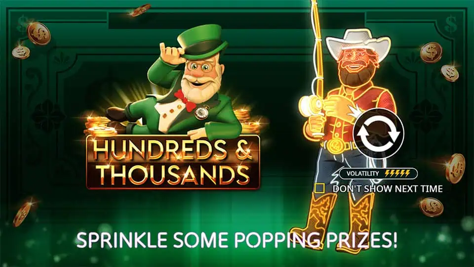 Intro screen showing leprechaun and cowboy characters, game logo, and tagline “Sprinkle some popping prizes!” with coins in the background.
