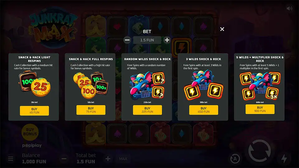 Bonus buy menu with five options, including wild-based free spins and cash collection features.