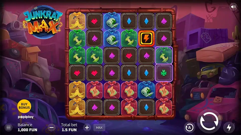 Slot layout with grid-style reels featuring colorful symbols like bananas, dice, and power tiles in a scrapyard scene.
