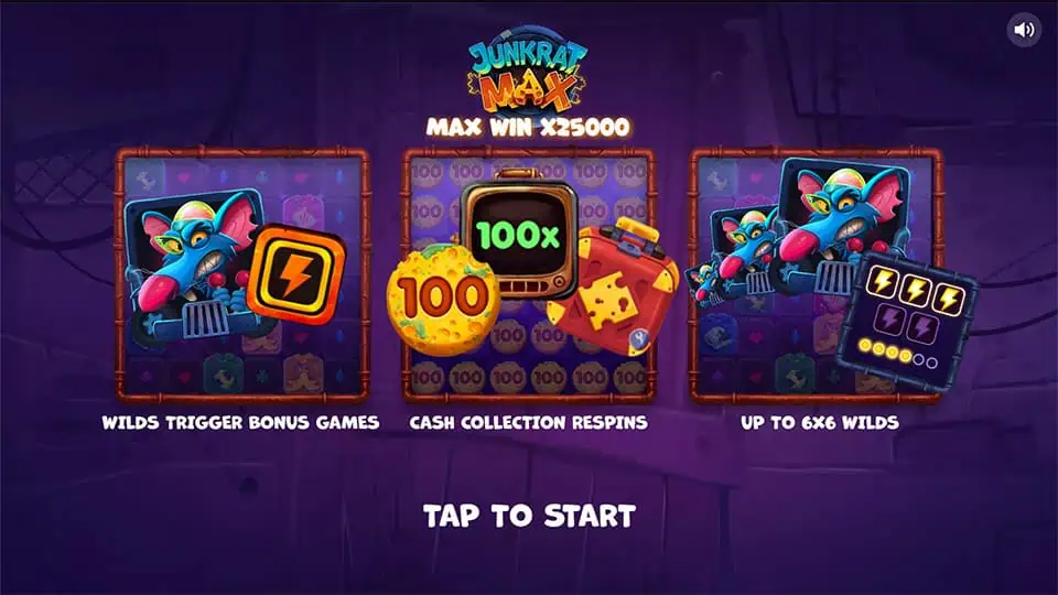 Intro screen of Junkrat Max featuring bonus descriptions, cash respins, and wild expansion mechanics.