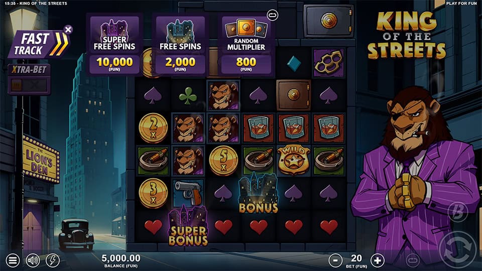 Fast Track panel with options to buy Super Free Spins, Free Spins, and Random Multiplier instantly.
