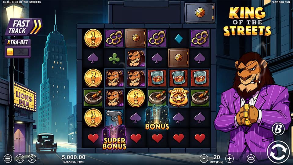 Slot grid showing gang-themed icons like brass knuckles, safes, whiskey glasses, and wild stars with the lion character on the side.