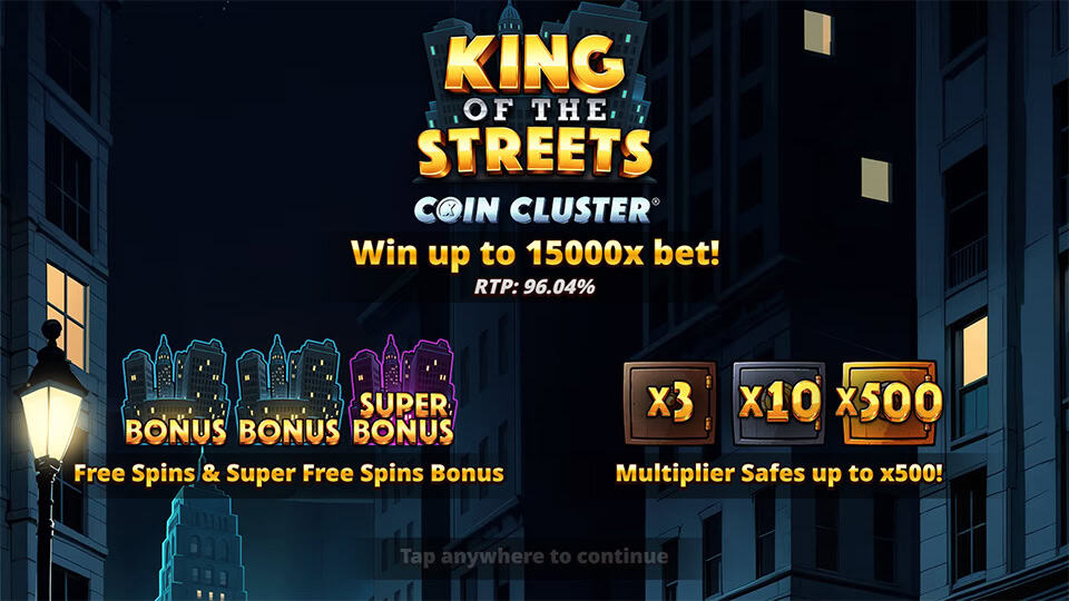 Introduction screen highlighting bonus symbols, free spins, and safes with multipliers up to x500.