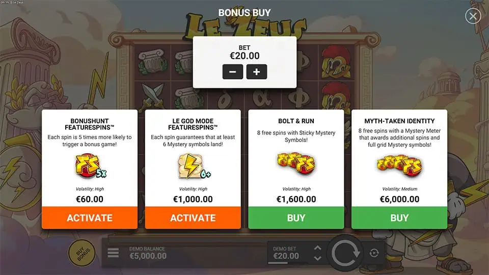 Feature purchase menu offering multiple modes including Sticky Mystery Symbols, enhanced bonus triggers, and special free spins variants.