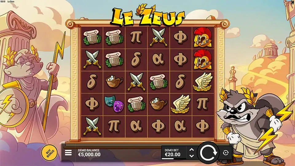 Main game screen with Greek mythology-inspired symbols including helmets, wings, swords, and columns, alongside the cartoon Zeus mascot.