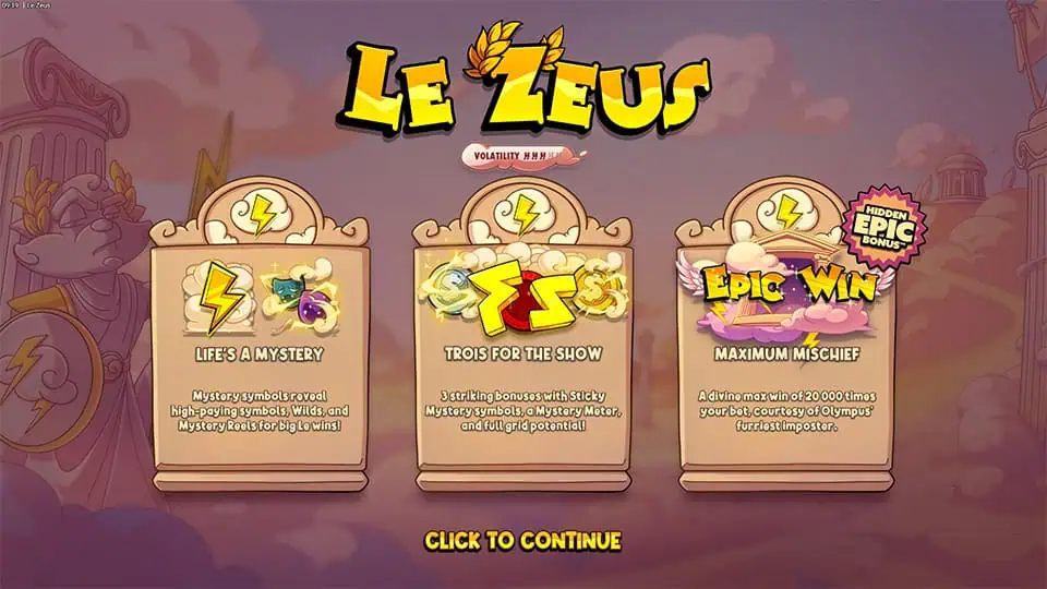 Intro screen showing Le Zeus logo with descriptions of key features: Mystery Symbols, Sticky Mystery Symbols, and maximum win potential.