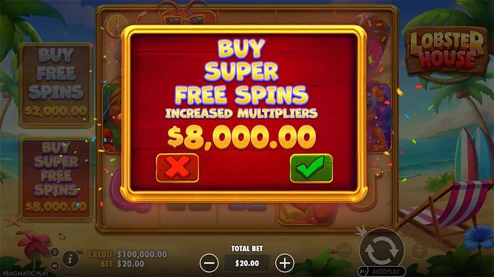 Bonus buy confirmation screen offering Super Free Spins with increased multipliers, displayed on a bold red panel.