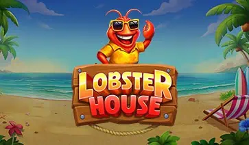 Lobster House logo with a smiling cartoon lobster wearing sunglasses, standing on a sunny tropical beach with palm trees and ocean waves.