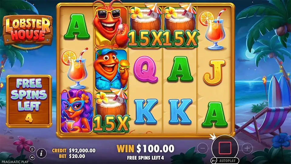 Gameplay during free spins showing wild symbols with 15x multipliers locked on the reels.