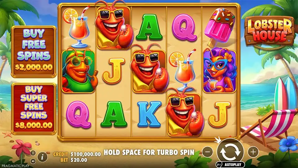Main game screen with bright beach-themed symbols including lobsters, cocktails, and ice creams, set against a sunny seaside backdrop.