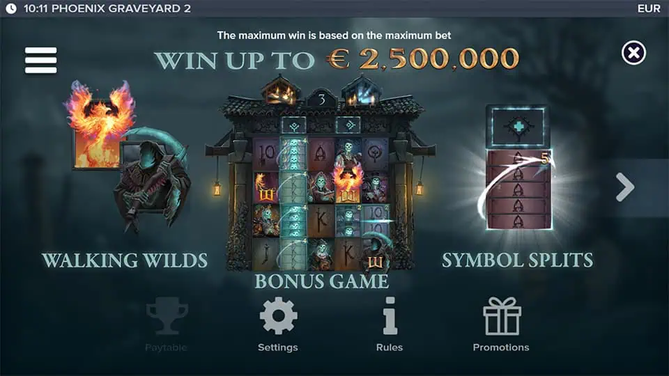 Overview of Phoenix Graveyard 2 features showing Walking Wilds, Bonus Game, and Symbol Splits with visual previews.