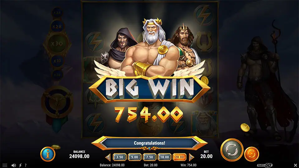 Win screen featuring Zeus, Poseidon, and Hades under a “Big Win” banner with celebratory effects.