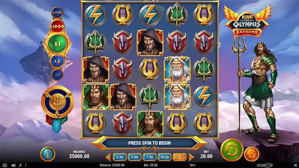 Main reel view with Zeus, Poseidon, and Hades symbols, power meters, and floating islands in the background.