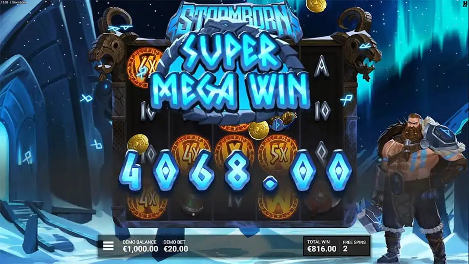 Super Mega Win banner with electric effects, coins flying, and a storm-lit battlefield behind the reels.