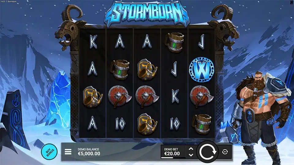 Slot reels filled with warrior, dragon, and weapon symbols set against a stormy battlefield background.