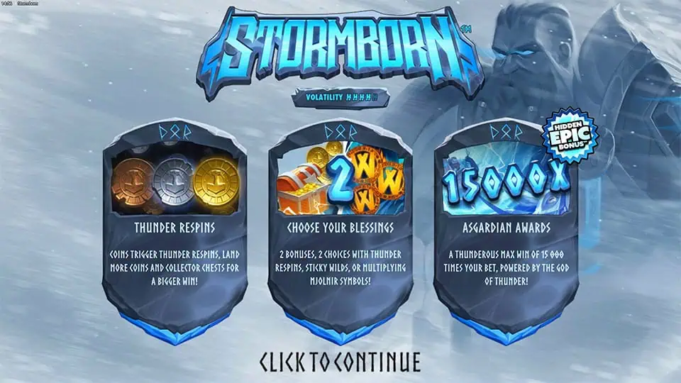 Intro screen with game logo, feature highlights, and stormy sky filled with lightning bolts.