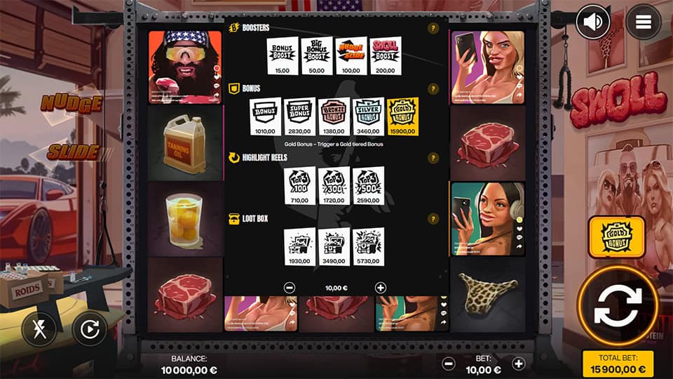 Buy menu showing various bonus and booster features, including Gold, Silver, and Bronze bonuses, plus options for highlight reels and loot boxes.
